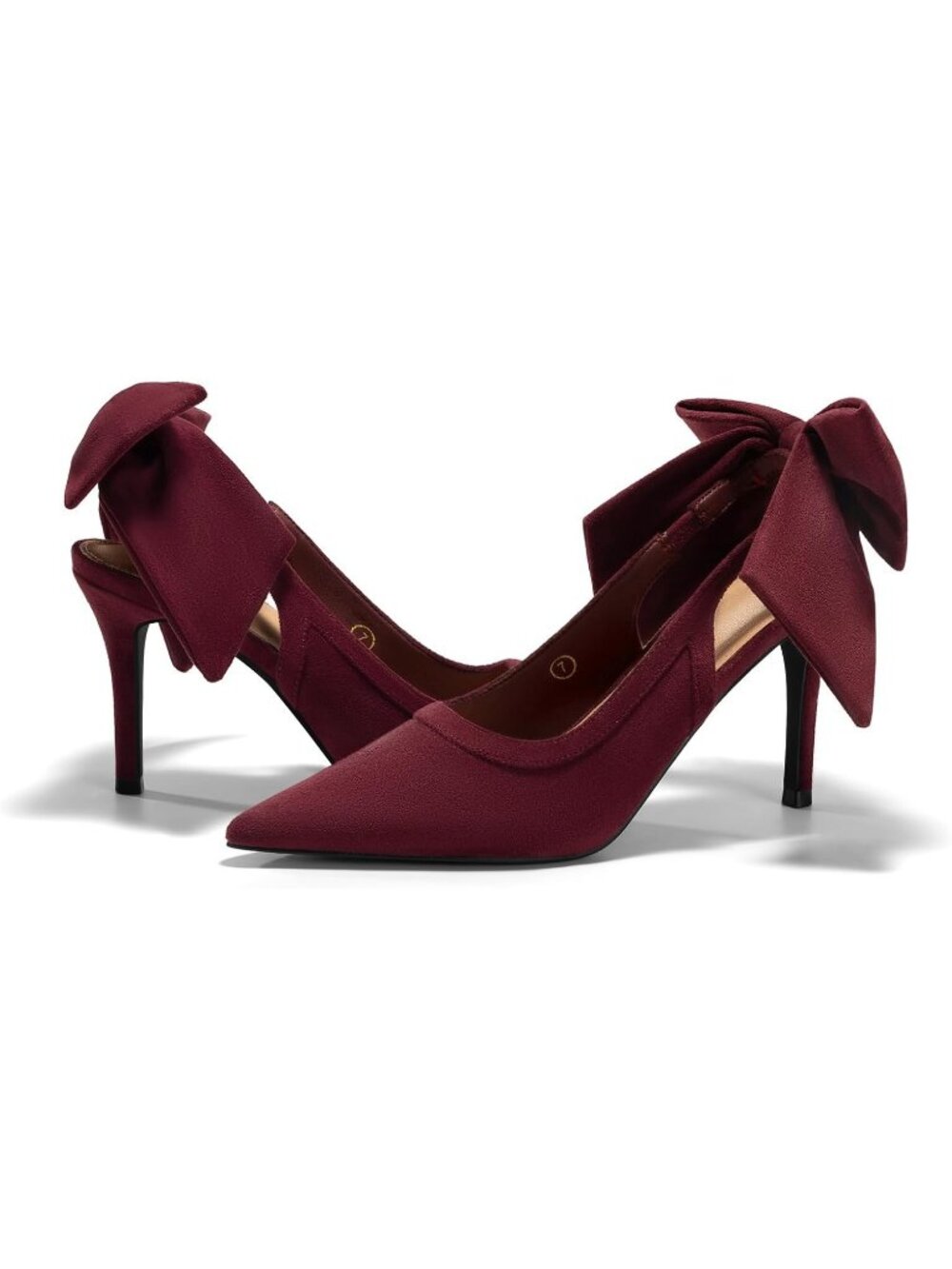 Women Suede Wine Red Slingback Bow Closed Pointed Toe Lace Patchwork High Heels - Picture 1 of 6